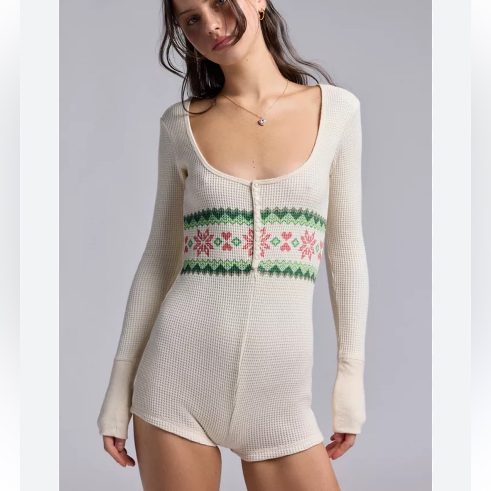 Cream and Green Women's Romper